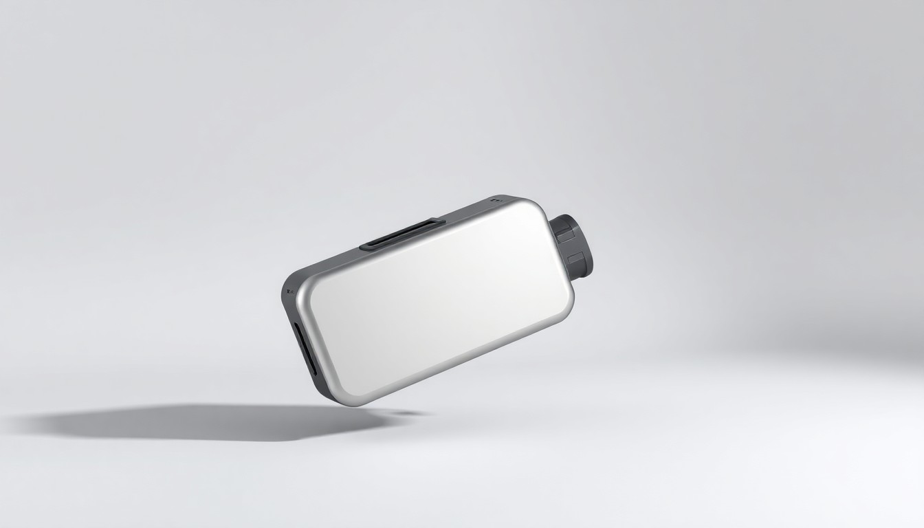 A highly detailed, photorealistic studio photograph of a polished metallic electric vehicle battery component or charging port floating on a plain white background, using dramatic lighting and shadows to symbolize the abstract concepts of corporate strategy and market risk.