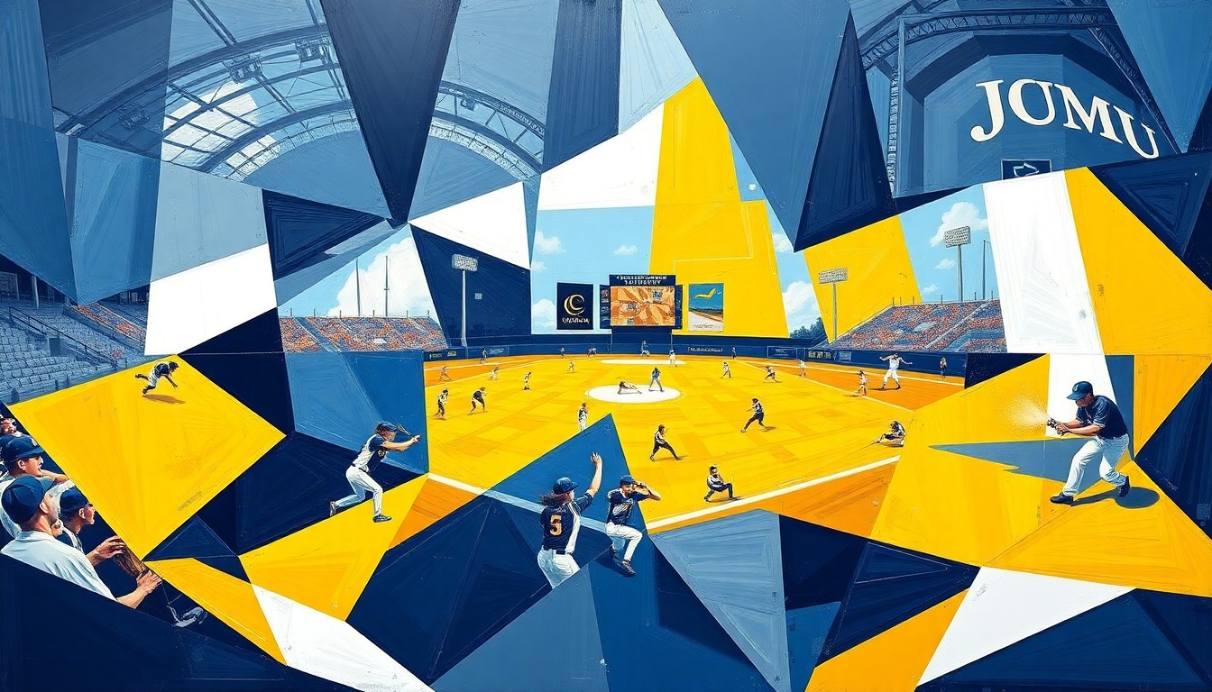 A fractured, cubist-style painting depicting the dynamic action and competing forces of a softball game, with sharp geometric shapes and planes in navy blue, gold, and white representing the two teams.