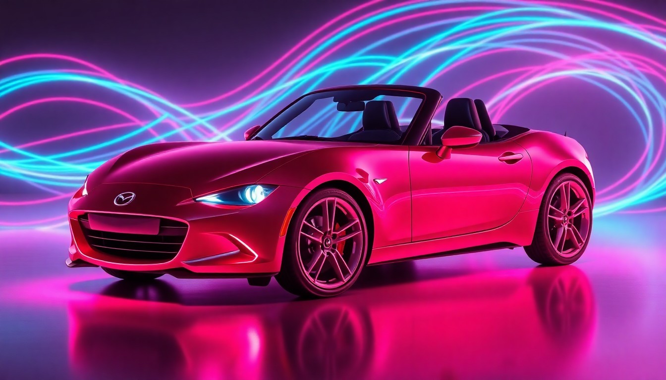 A highly detailed, glowing 3D illustration of a Mazda MX-5 roadster surrounded by swirling lines of neon cyan and magenta light, conceptually representing the integration of AI technology into the creative process behind the vehicle's iconic design.