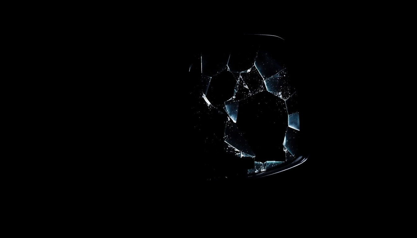 An extreme close-up photograph of a damaged car side mirror or broken glass from a vehicle, capturing the harsh, gritty details and dramatic lighting to conceptually illustrate the aftermath of a violent vehicular attack.