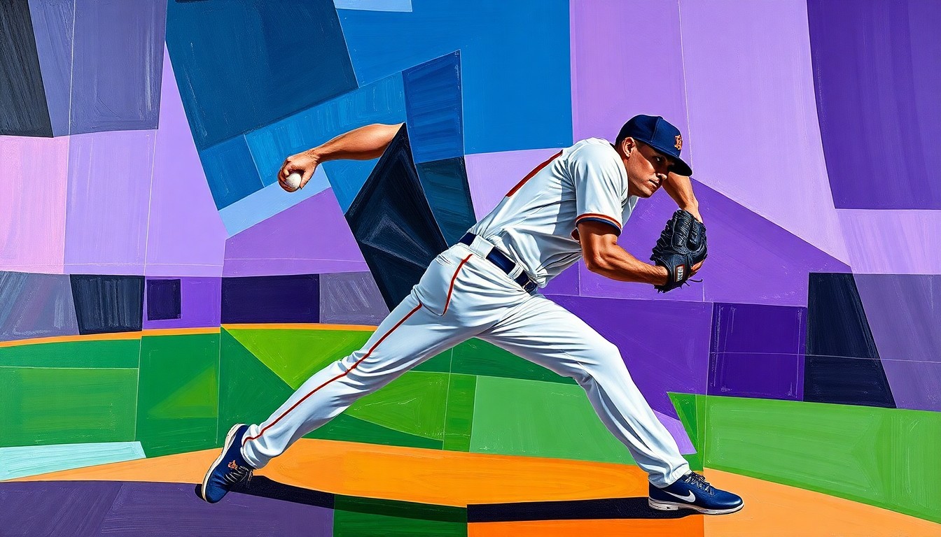 A cubist, geometric painting depicting a baseball pitcher's motion, with sharp, overlapping planes of navy blue, purple, and green representing the Astros and Rockies players in action.