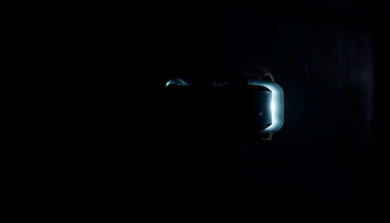 An extreme close-up photograph of a damaged work van door handle, lit by a harsh, direct flash against a dark background, conveying the gritty, investigative nature of the crime.