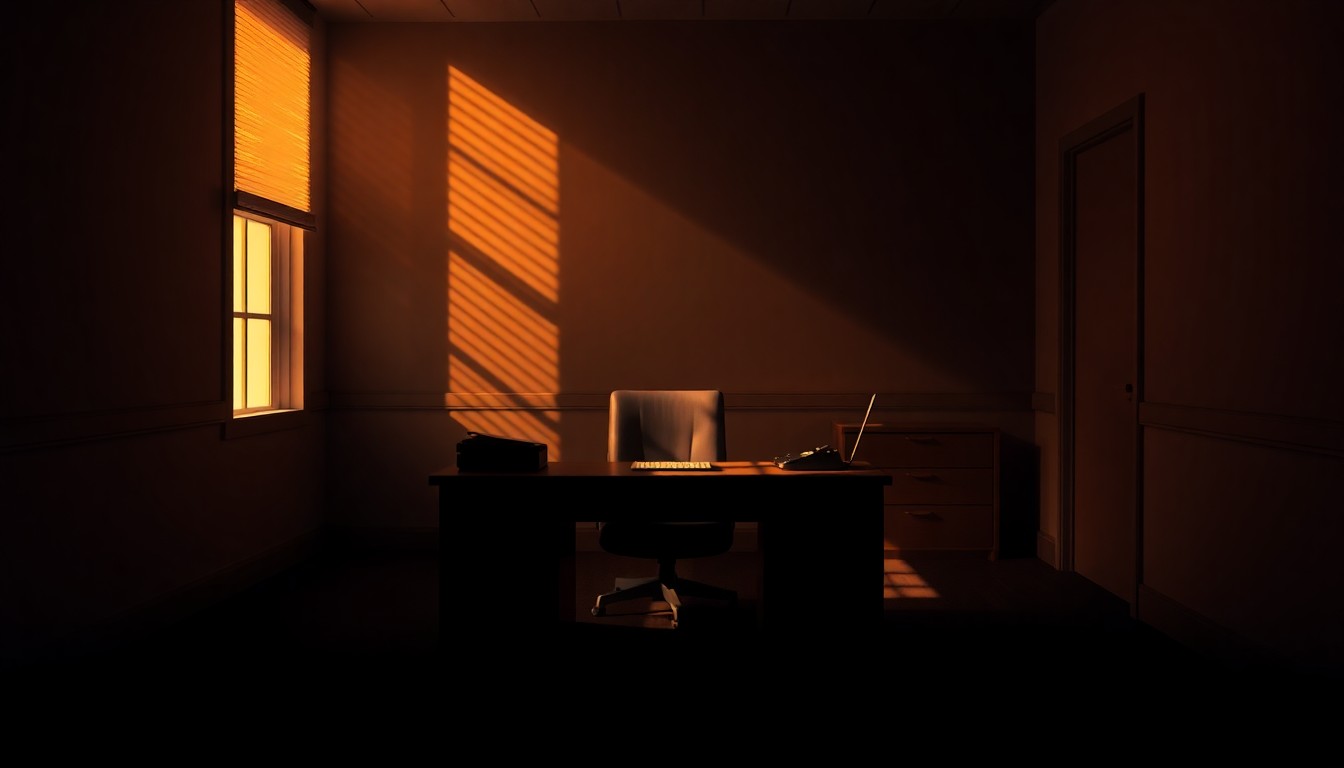 A dimly lit government office desk in a warm, nostalgic style, conveying the thoughtful, deliberative nature of the legislative process to improve financial accountability.