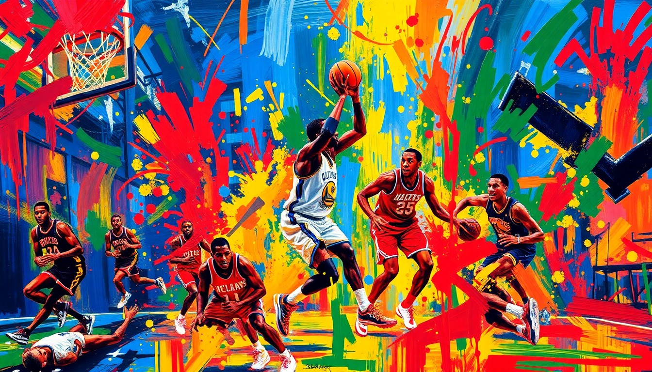 An abstract, expressionist painting in vibrant neon colors, with rapid brushstrokes capturing the raw energy and intensity of an NBA playoff game, basketball players' figures dissolving into unrecognizable splatters of paint.