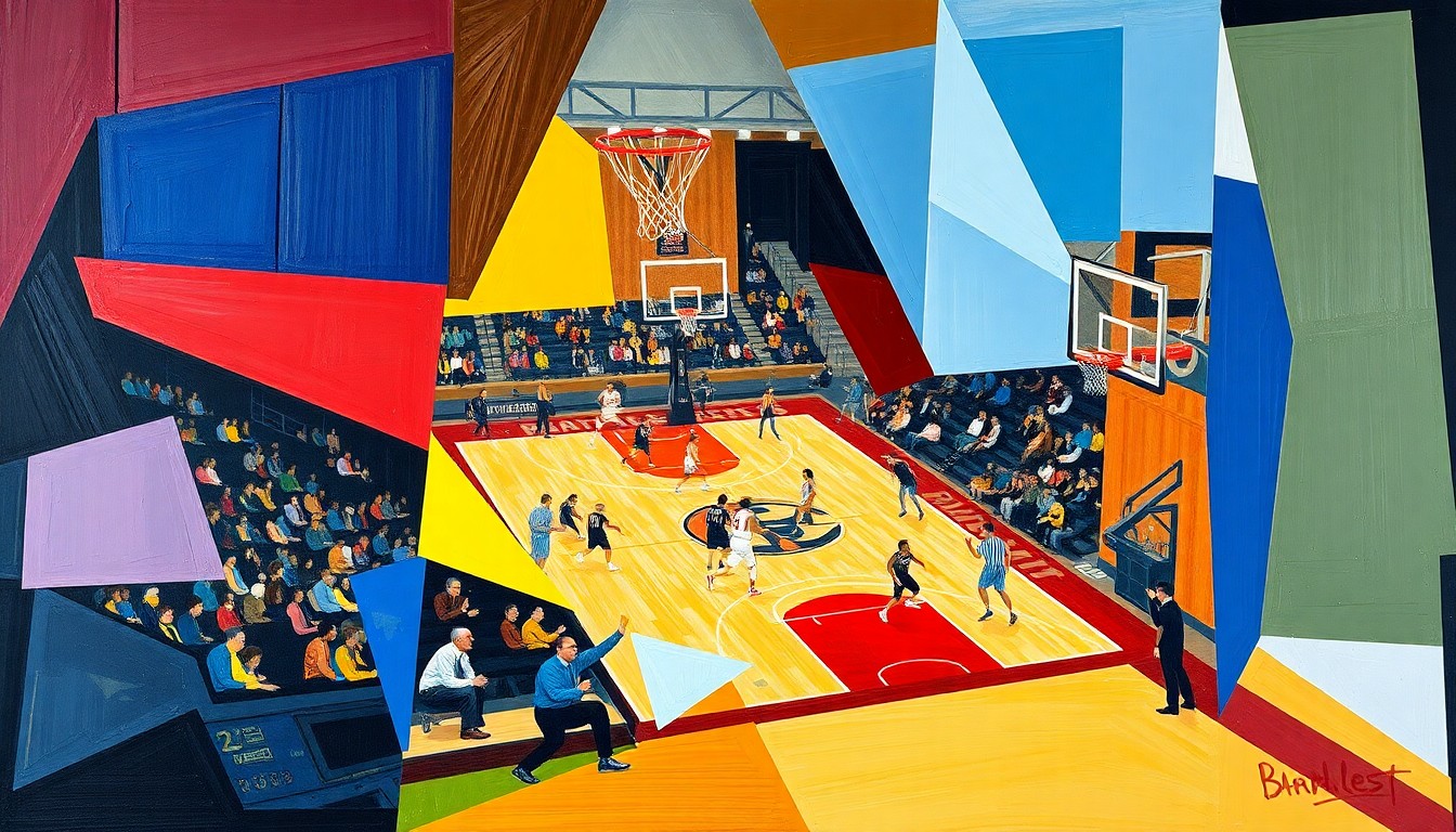 A cubist, geometric painting in the school colors of the Bradley Braves, with fragmented shapes and planes representing the dynamic action of a college basketball game.