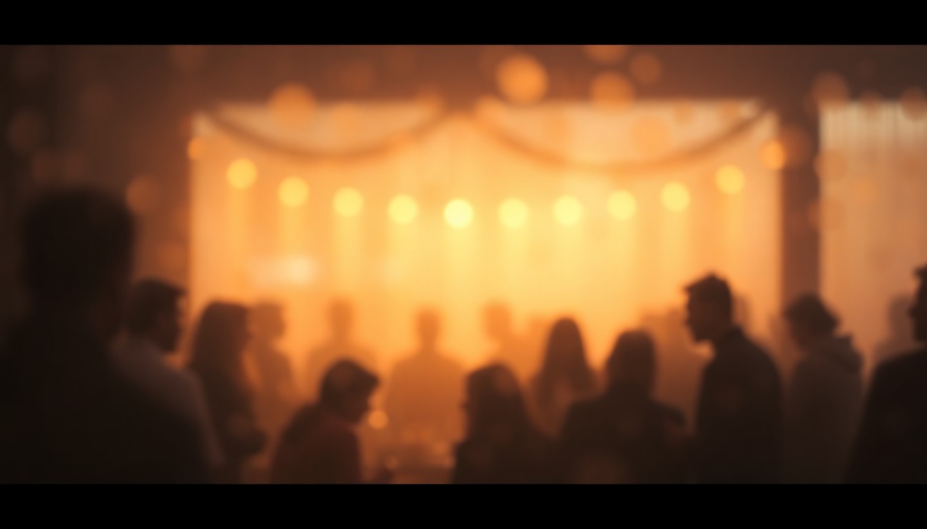 An impressionistic, out-of-focus photograph depicting a group of people gathered together for an Easter celebration, with blurred silhouettes and muted, warm colors creating a sense of atmosphere and togetherness.