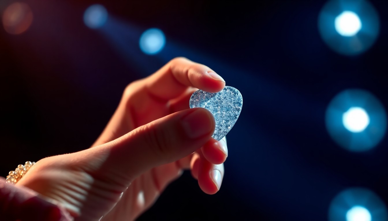An extreme close-up photograph of a shimmering guitar pick held in an artist's hand, capturing the luxurious textures and dramatic lighting of a live music performance.