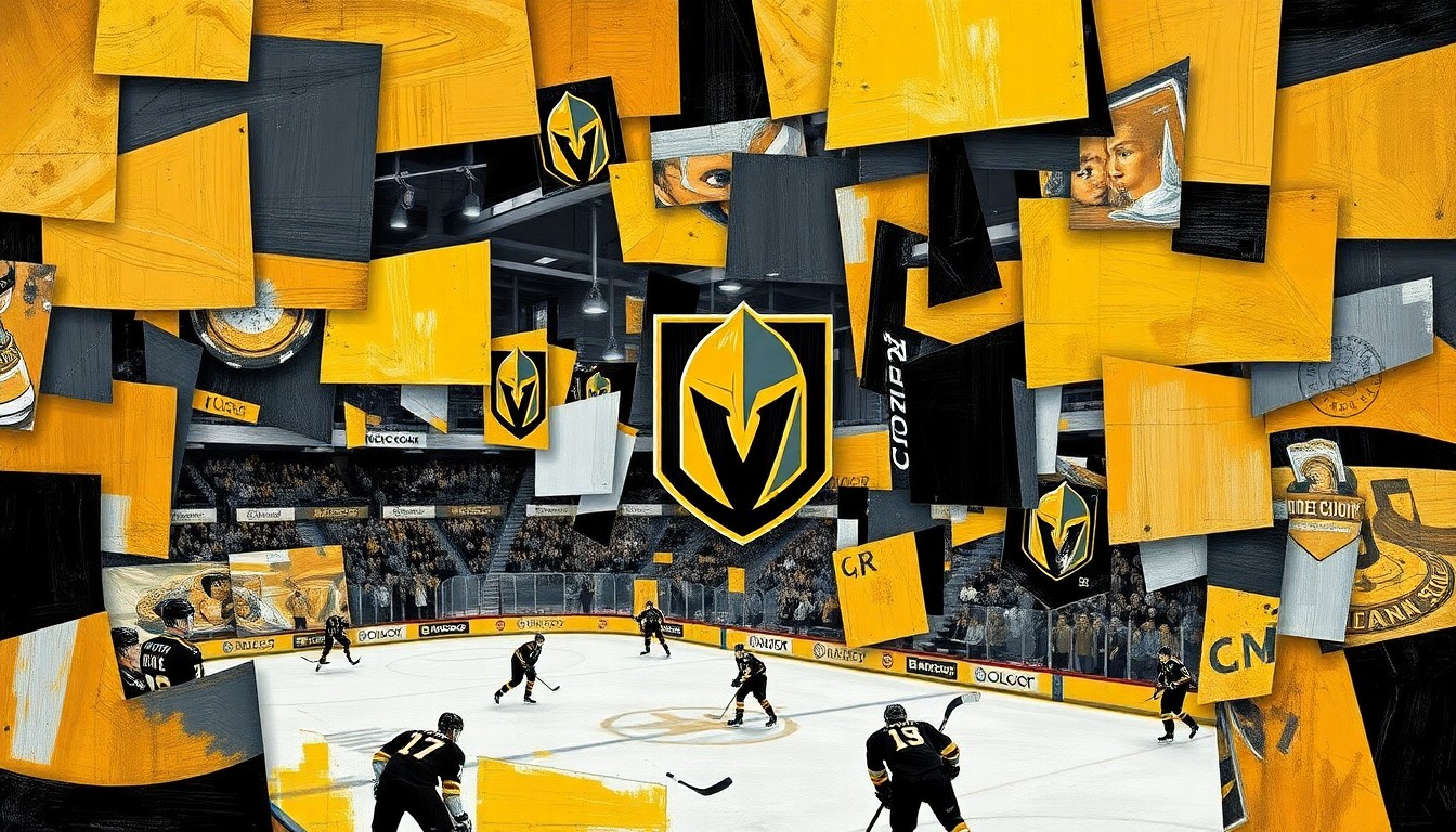 A cubist, geometric painting depicting a Golden Knights hockey game, with sharp, overlapping planes of gold, black, and steel grey colors capturing the dynamic movement and energy of the sport.
