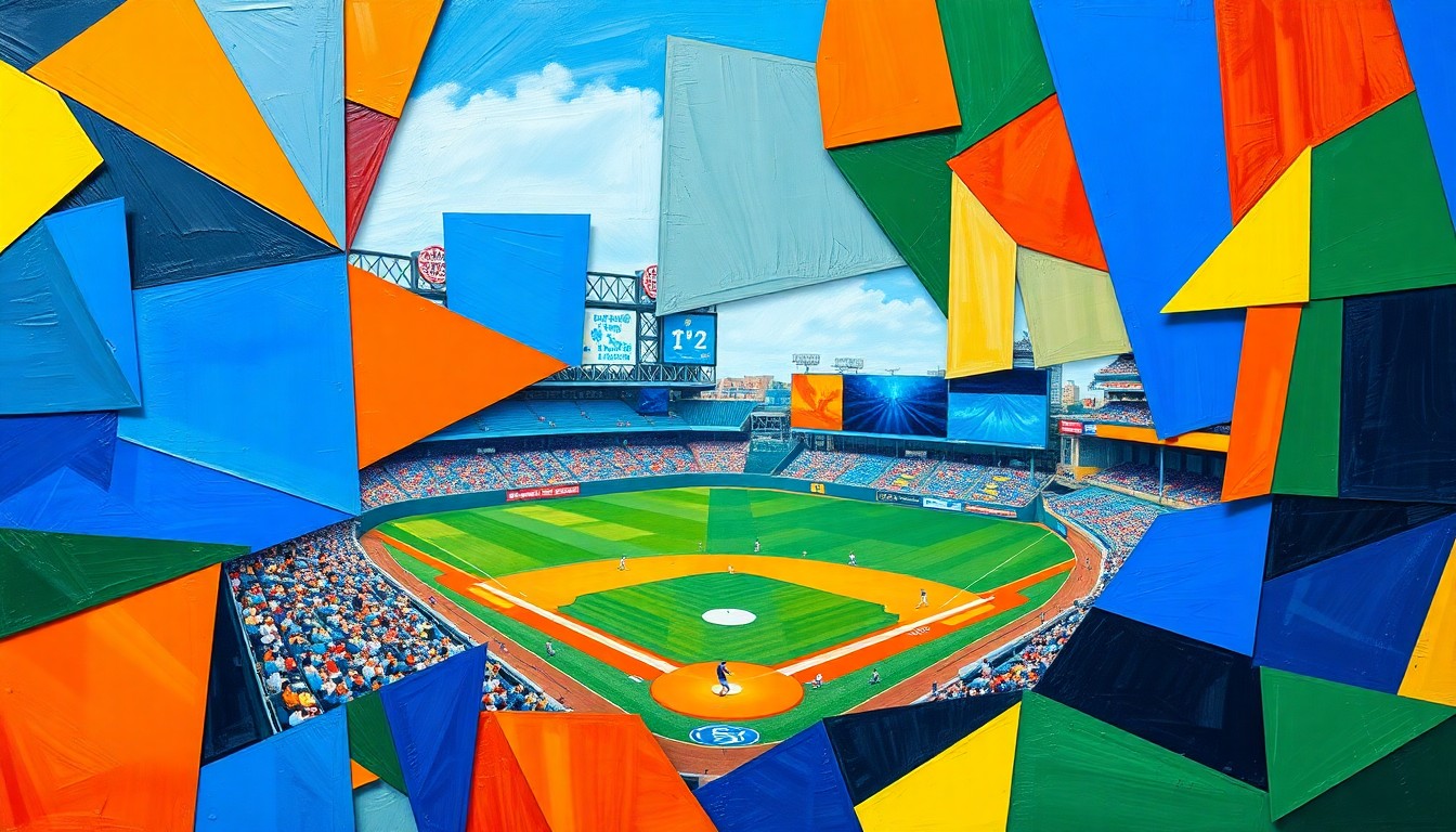 A fractured, multi-perspective painting featuring sharp, overlapping geometric shapes in vibrant colors, capturing the energy and tension of a close baseball game.