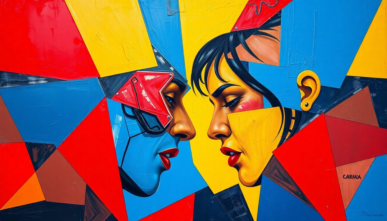 A fragmented, geometric painting in bold colors depicting an MMA fight scene, conceptually representing the long-awaited clash between Gina Carano and Ronda Rousey.