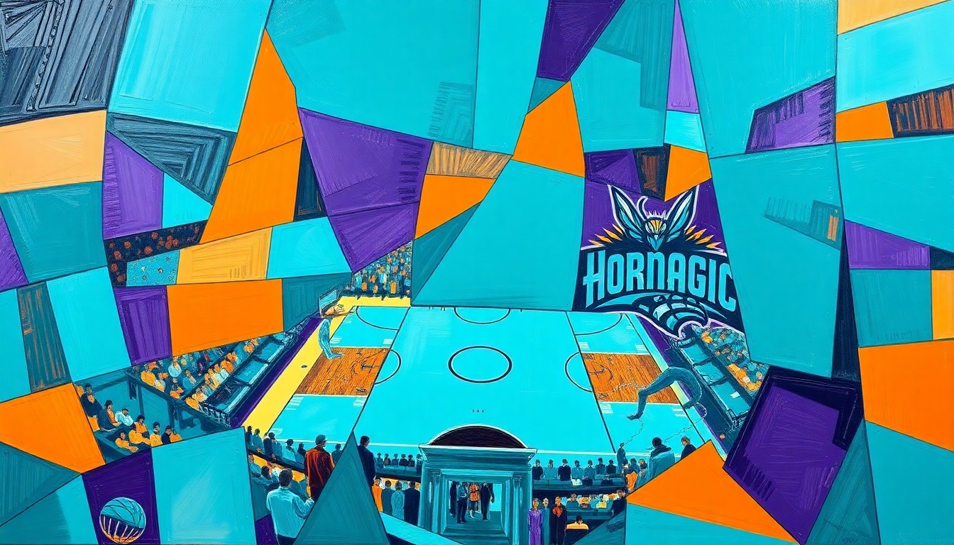 A fractured, geometric painting in vibrant teal, purple, and orange hues, depicting a basketball game between two teams in an abstract, cubist style.