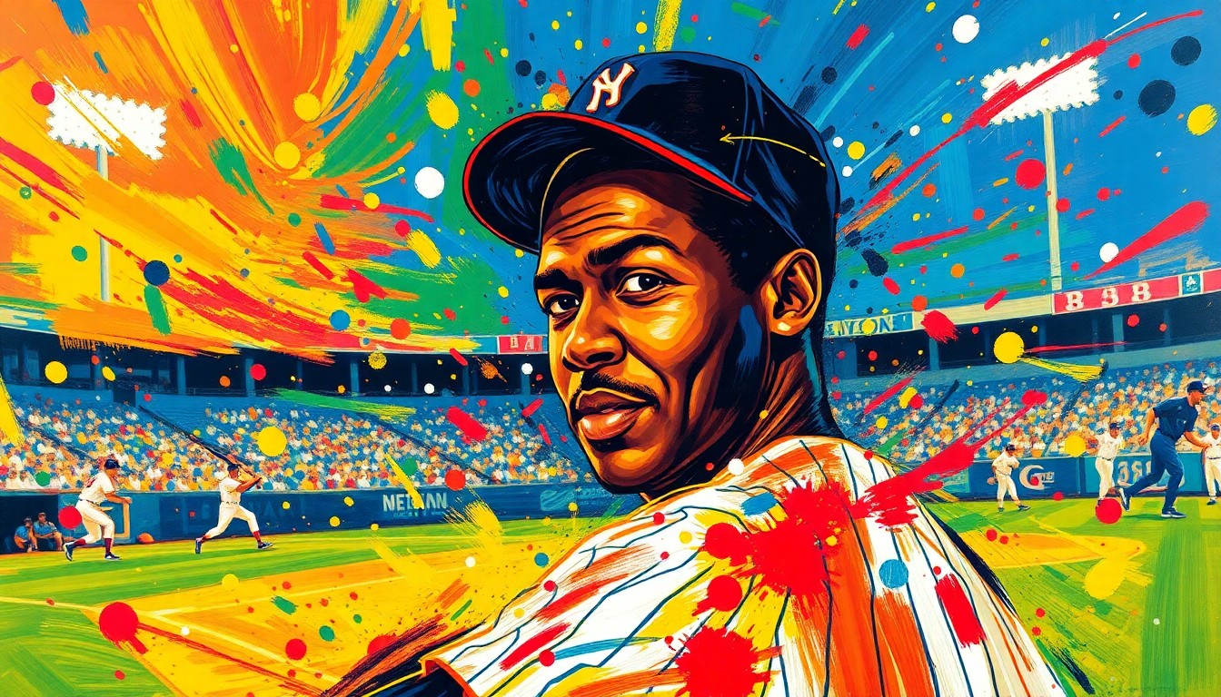 An abstract, expressionist painting in bright neon colors, capturing the energy and movement of a baseball game, with the iconic image of Jackie Robinson dissolving into unrecognizable brushstrokes.