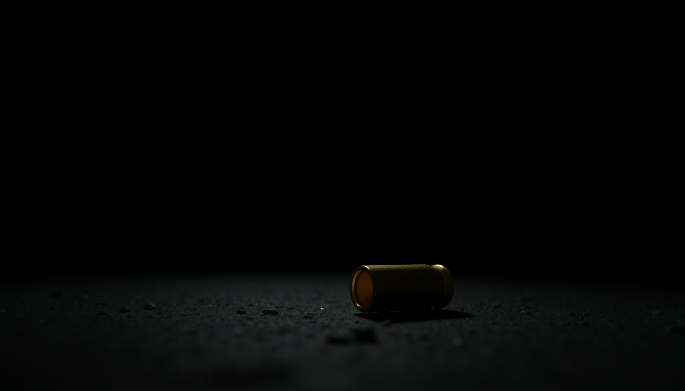 An extreme close-up photograph of a single bullet casing on the ground, lit by a harsh, direct camera flash against a pitch-black background, conceptually representing the aftermath of a shooting incident.