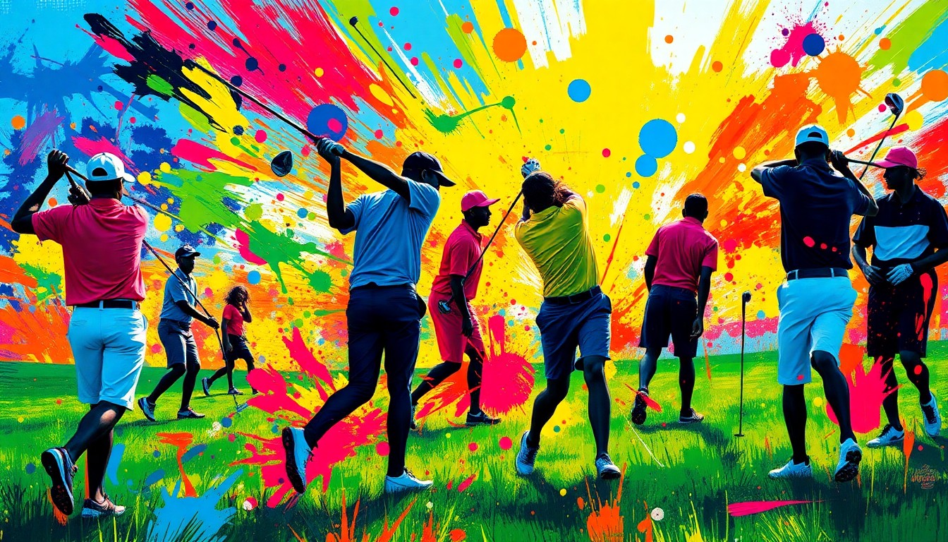 An extreme close-up of a golf ball in mid-flight, surrounded by a chaotic swirl of neon-colored paint strokes, conceptually representing the raw energy and dynamic motion of a high school golf tournament.