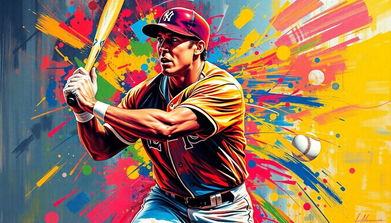 An abstract expressionist painting in vibrant neon colors, with rapid brushstrokes capturing the dynamic motion of a baseball player in action, their features and uniform obscured by the energetic brushwork.