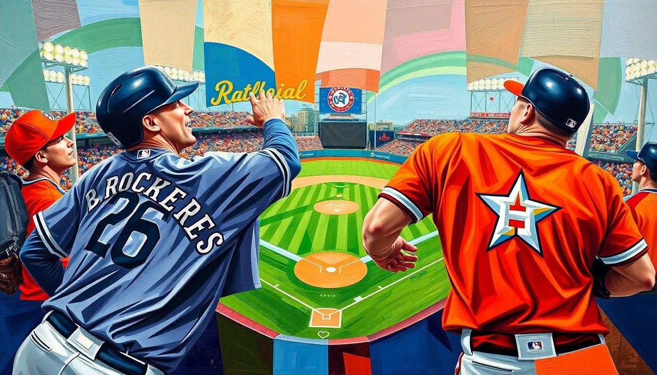 A cubist, geometric painting depicting a baseball game in motion, with sharp, overlapping planes of color representing the players and action on the field.