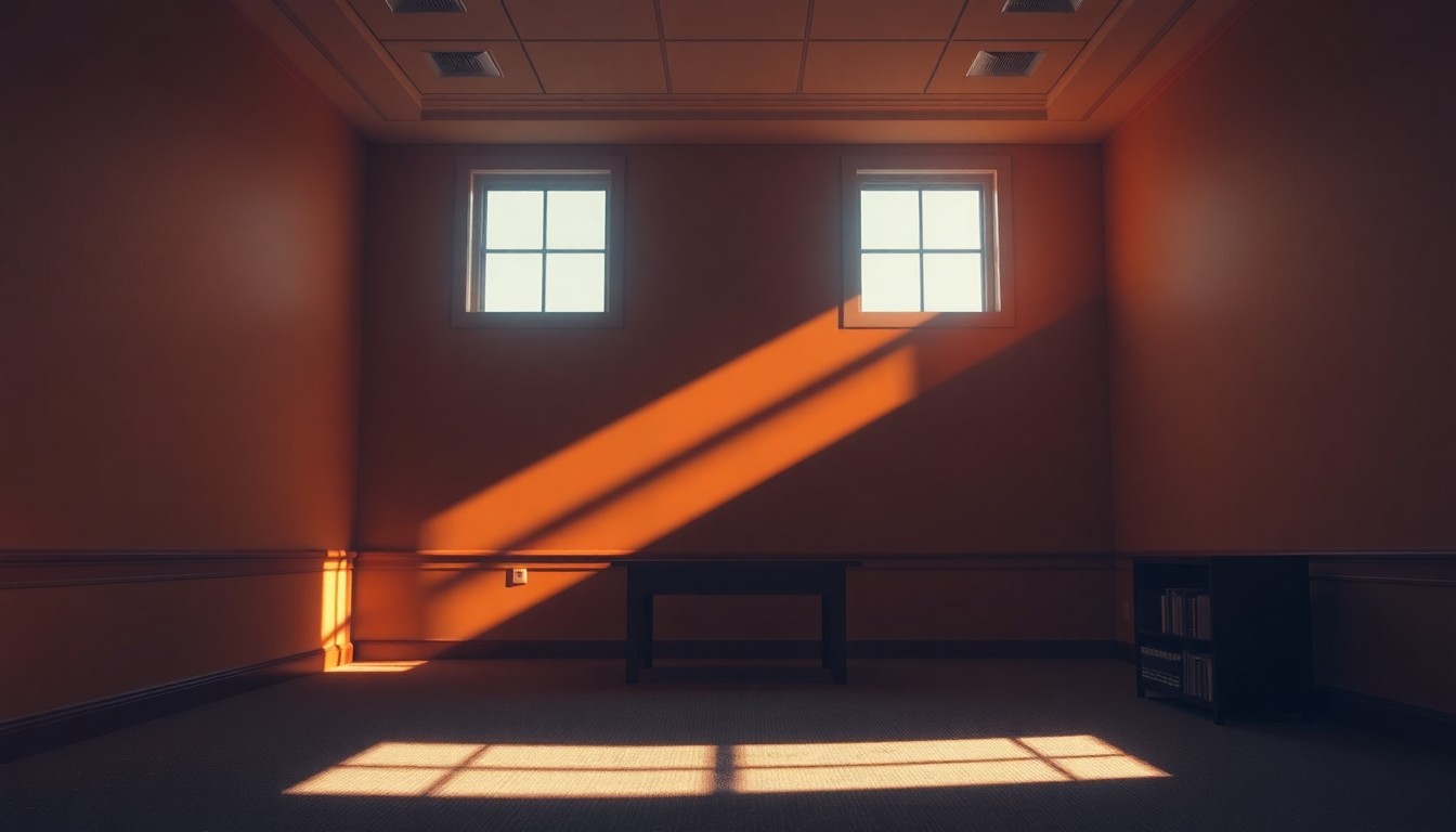 A dimly lit, cinematic painting of an empty government office space, with warm sunlight streaming through the windows and deep shadows covering the desks and chairs, conveying a sense of political uncertainty and unease.