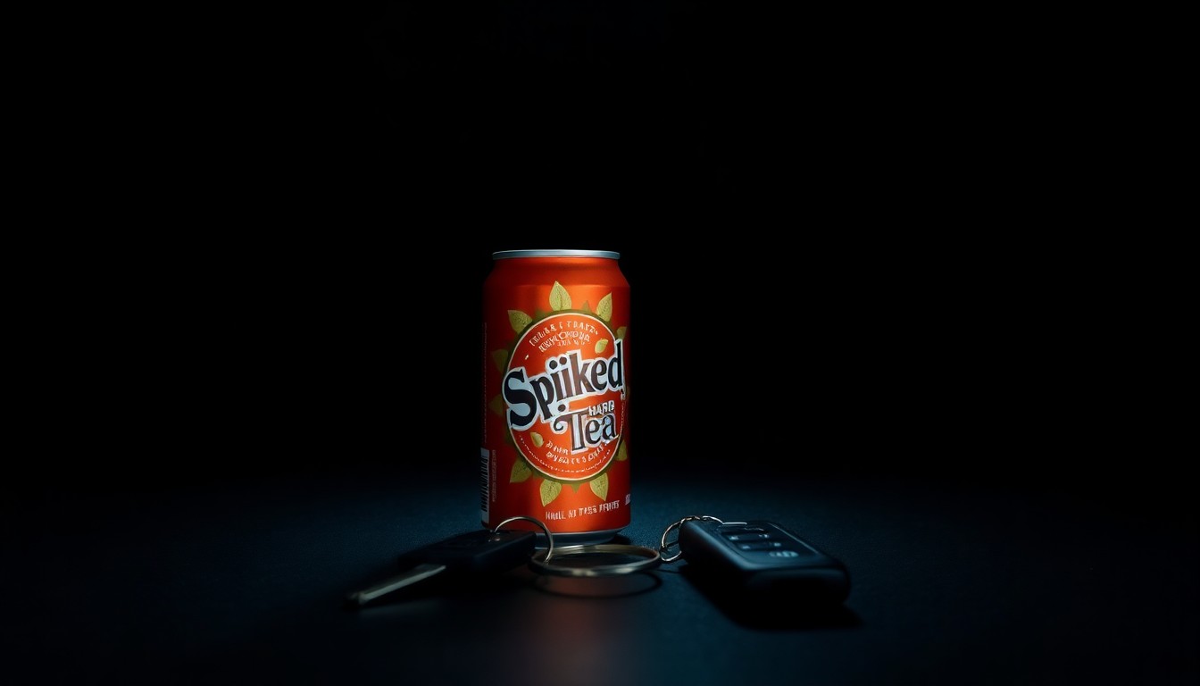 An extreme close-up photograph of a set of car keys and an open can of spiked hard iced tea against a pitch-black background, creating a stark, gritty, investigative aesthetic through the use of harsh, direct flash lighting.