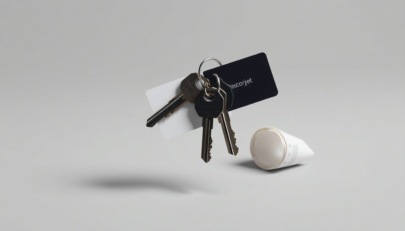 A photorealistic studio still-life image featuring a stack of hotel room keys, a hotel key card, and a rolled-up hotel receipt, symbolizing the economic challenges facing the Los Angeles hotel industry due to rising labor costs.