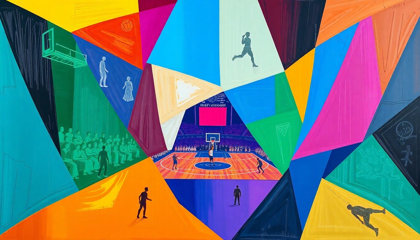 A cubist, geometric painting featuring overlapping planes of bright red, white, and blue colors, representing the dynamic action of a WNBA basketball game.