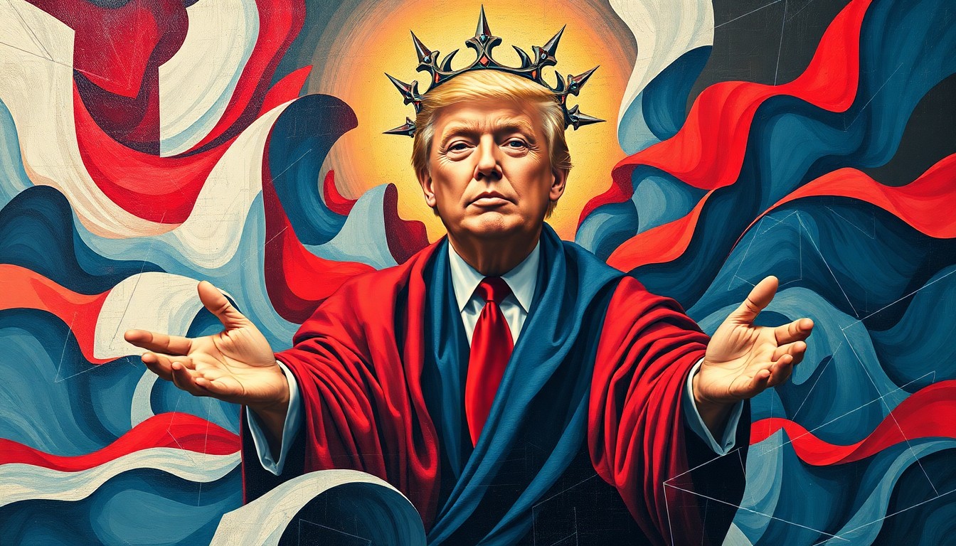 A surreal, fragmented painting depicting Donald Trump in a robe and crown of thorns, his hands outstretched in a healing gesture, surrounded by overlapping, geometric waves of red, white, and blue, conceptually representing the controversy and divisiveness sparked by the former president's use of AI technology to create a messianic image of himself.