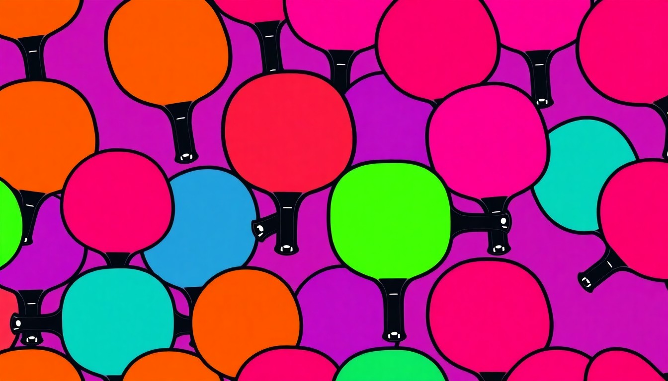 A bold, colorful silkscreen-style illustration featuring a single pickleball paddle icon repeated in a grid pattern, conceptually representing the growing tension between the sport's growth and its impact on residential neighborhoods.