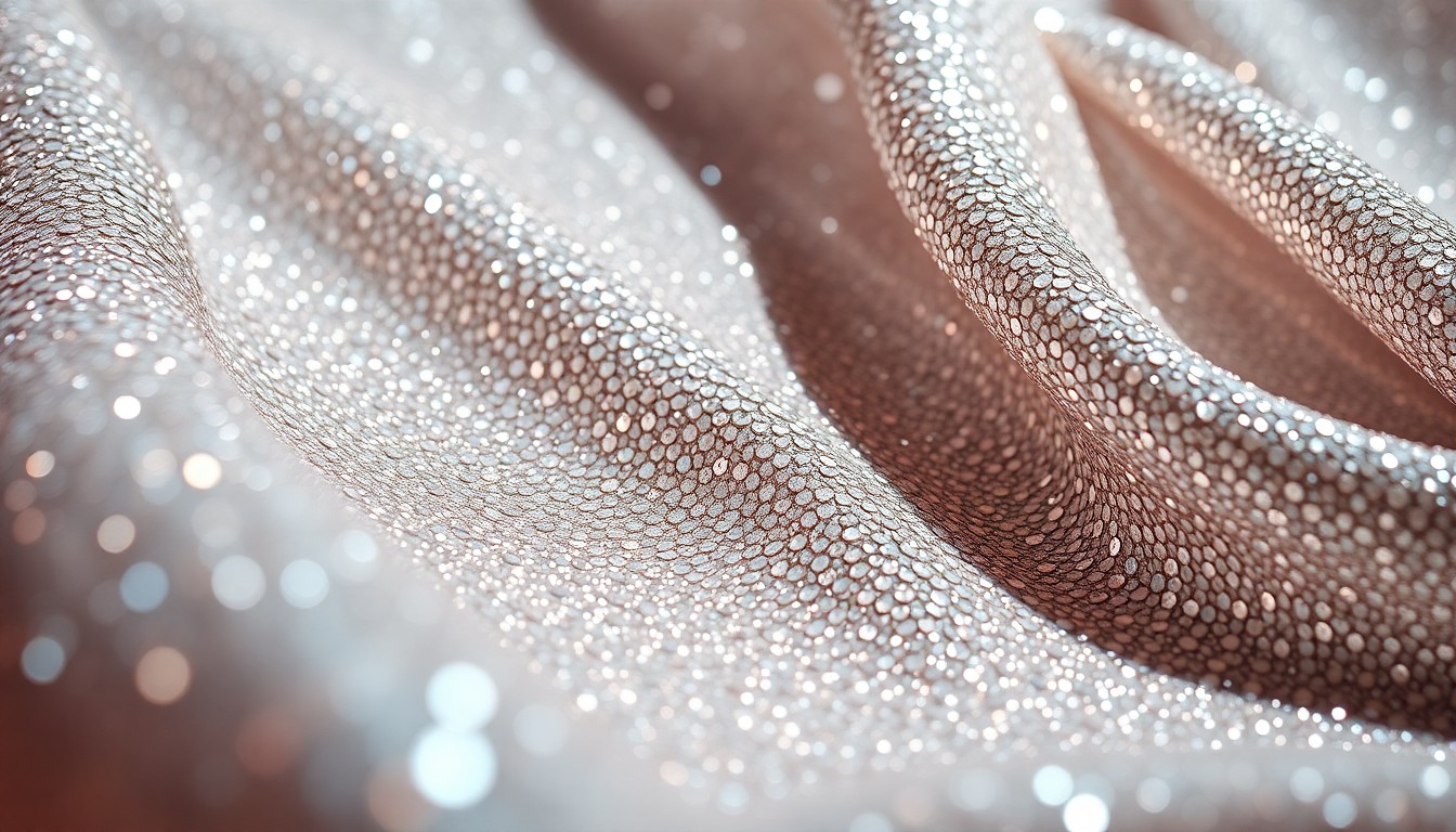 An extreme close-up of shimmering, glittering sequins and metallic fabric, conceptually representing the high-fashion glamour of a major awards show.