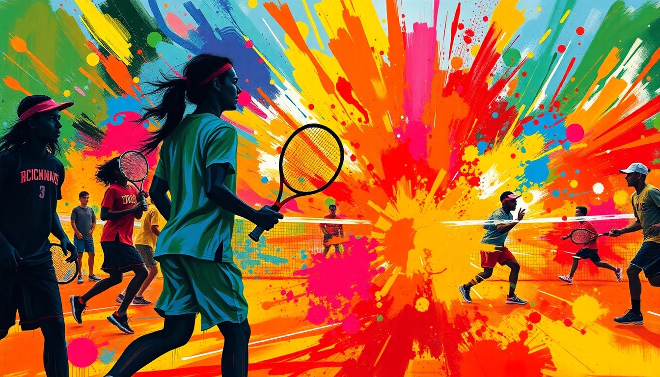 An abstract, expressionist painting in neon colors depicting the dynamic movement and energy of a high school tennis match, with players' forms dissolving into vibrant brushstrokes.