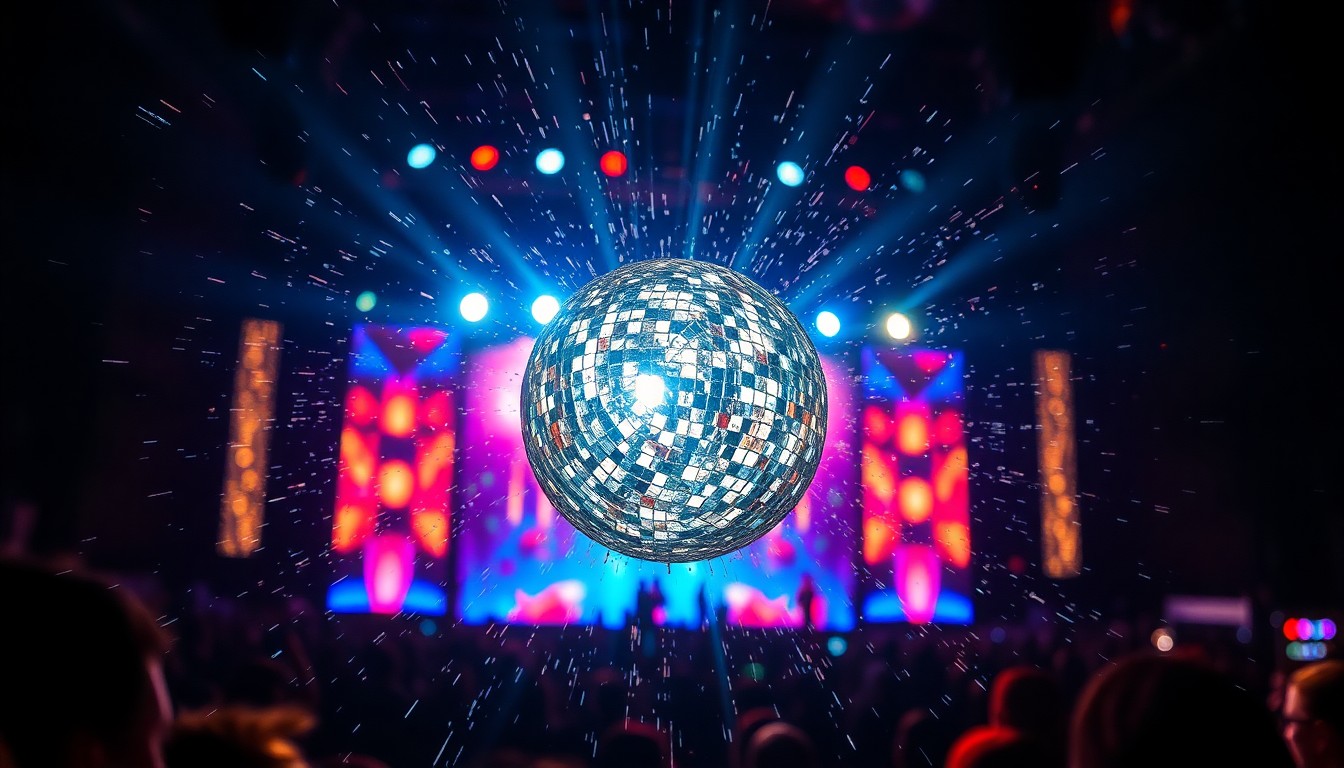 An abstract close-up photograph of shimmering, reflective stage lights and shattered glass, conveying the energy and glamour of a country music festival.