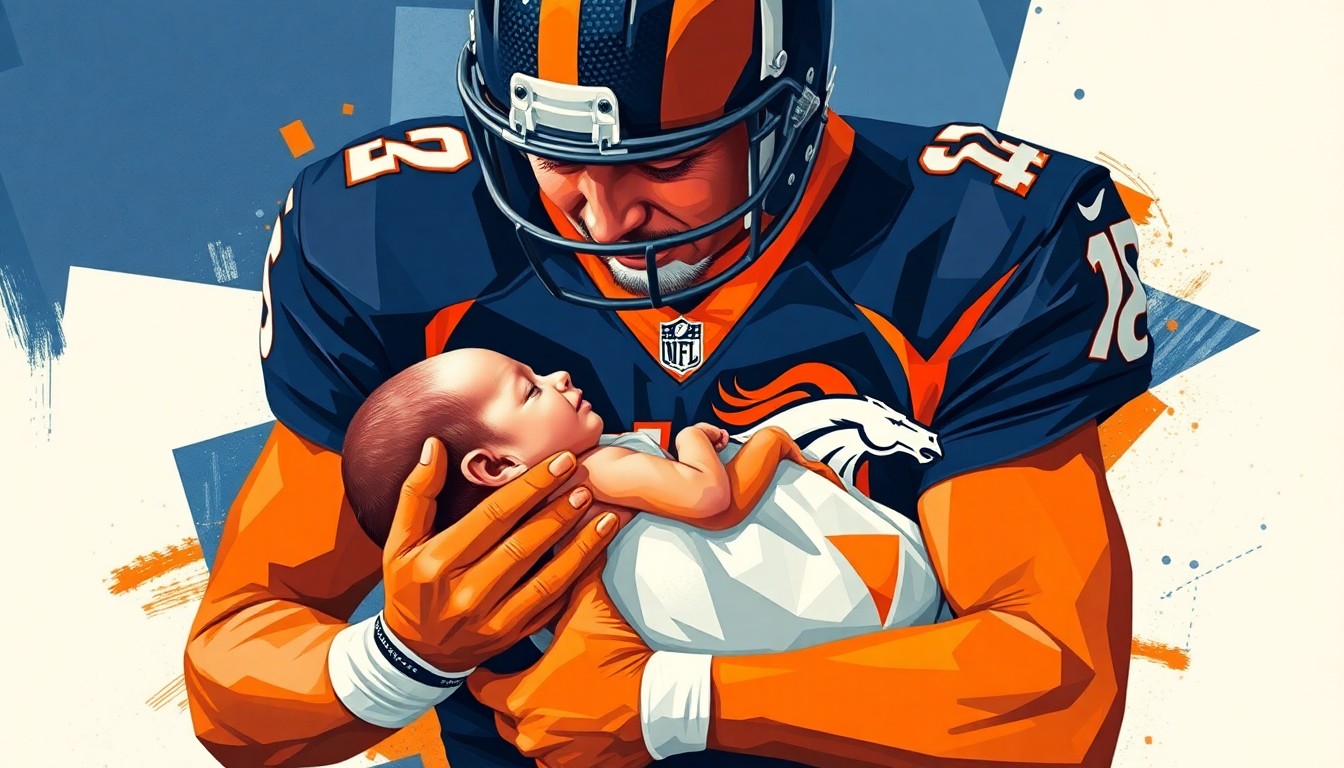 A cubist, geometric painting depicting a football player holding a newborn baby, with the player's form fractured and overlapping in sharp planes of navy, orange, and white.