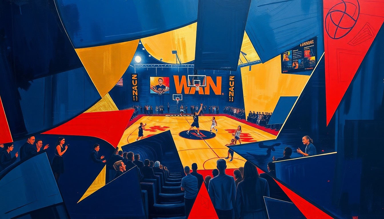 A cubist, geometric painting depicting a WNBA basketball game broken down into overlapping planes of navy, red, and gold, conceptually representing the diverse talents and perspectives coming together on the Dallas Wings roster.