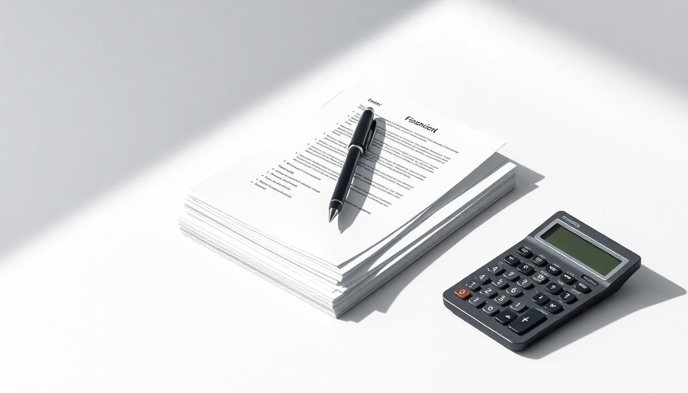 A photorealistic studio still life featuring a stack of financial documents, a pen, and a calculator arranged on a clean white background, symbolizing the abstract corporate strategy and finance at the heart of this securities class action.