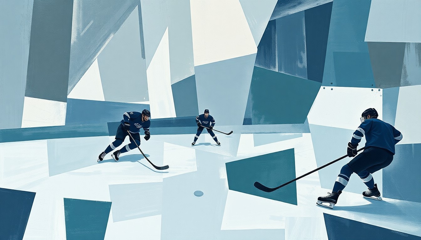 A cubist, geometric painting depicting a hockey game in progress, with the players and puck rendered as fragmented, overlapping shapes in muted blues, grays, and greens, conveying the chaotic energy and shifting momentum of the match.