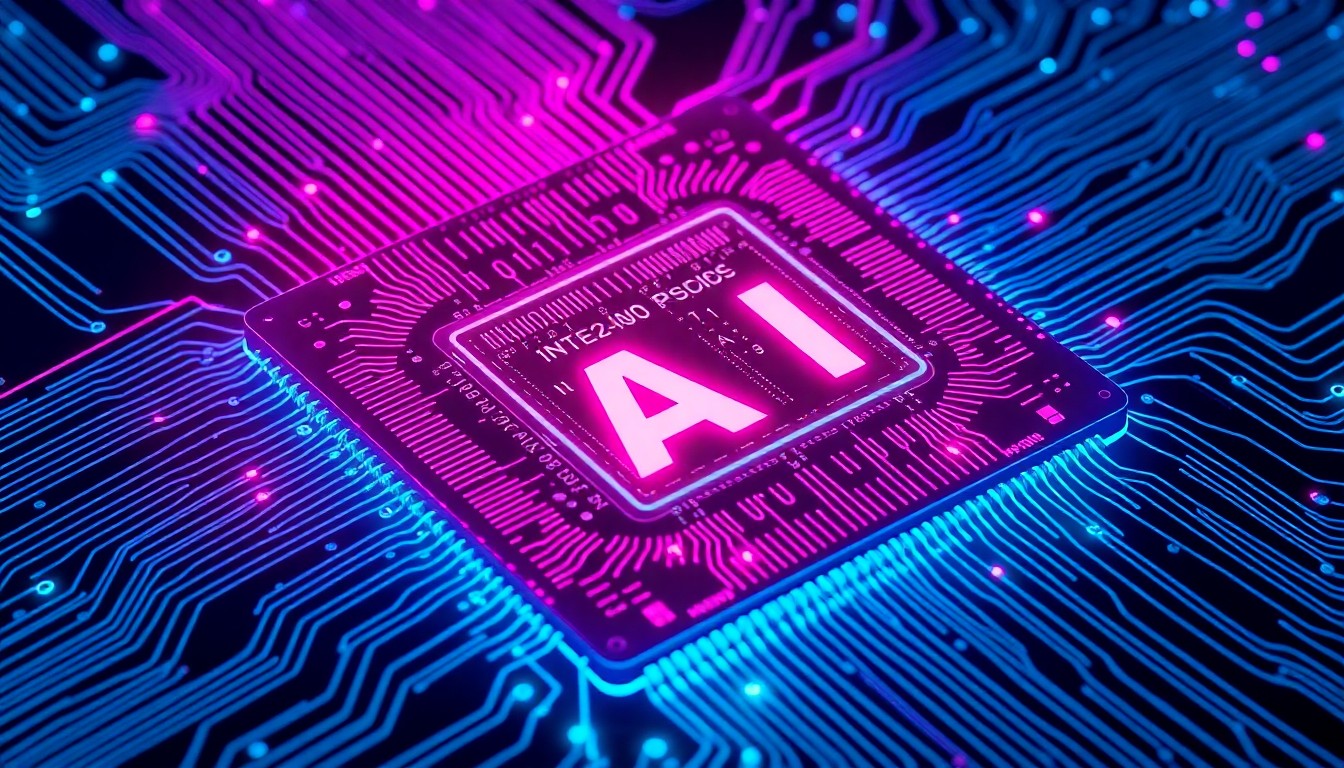 A highly detailed, glowing 3D illustration of a futuristic AI accelerator chip with intricate circuit patterns illuminated by neon cyan and magenta lights, conceptually representing the powerful computing infrastructure powering Meta's next-generation AI capabilities.