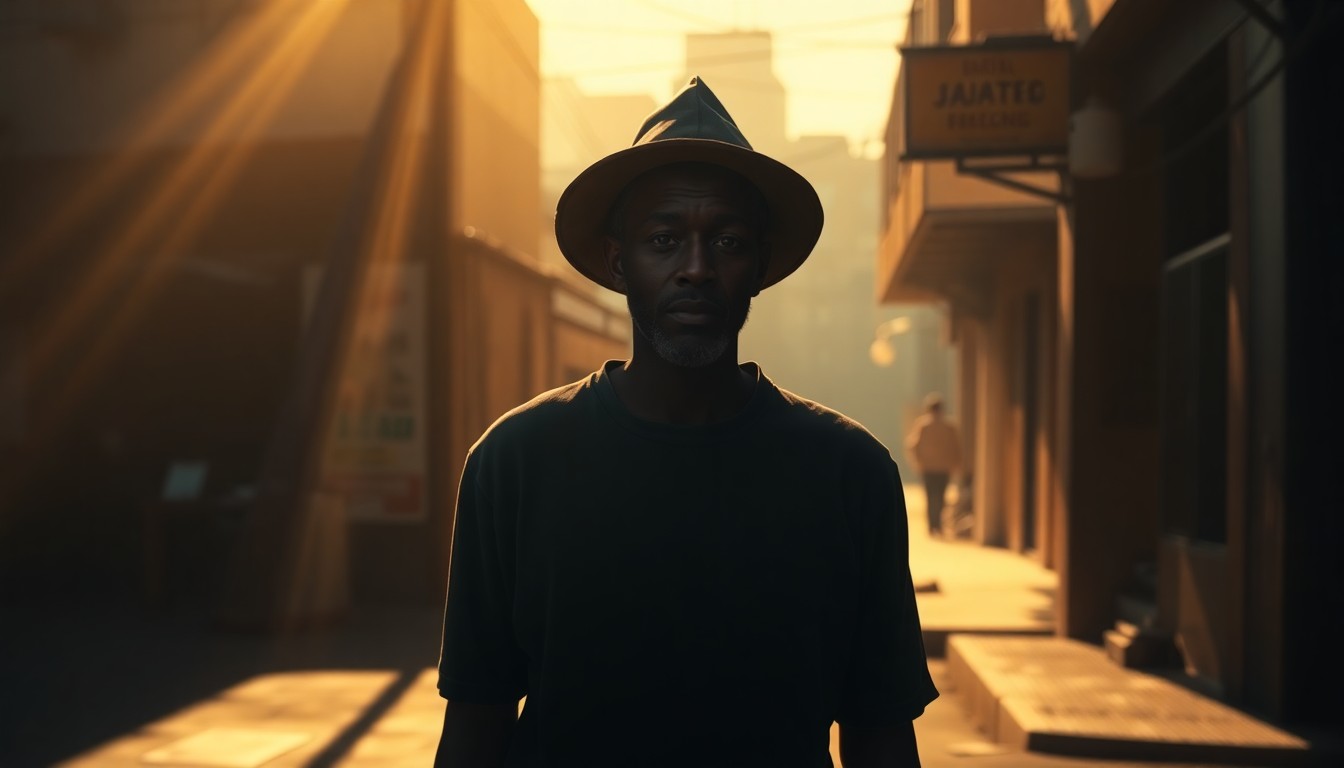 A dimly lit, cinematic painting of a solitary Haitian immigrant worker standing alone in an urban setting, their face partially obscured by shadows but conveying a sense of uncertainty and resilience.