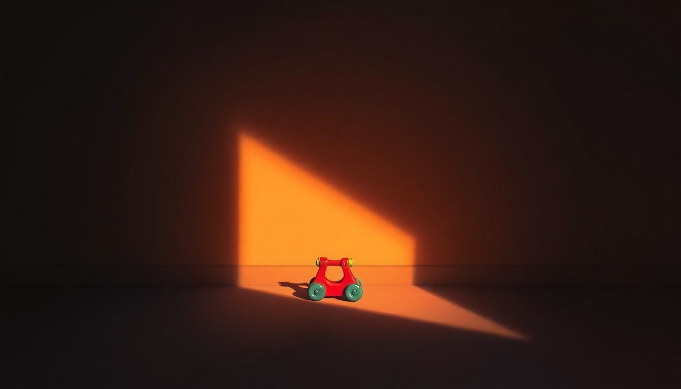 A serene, cinematic painting depicting a lone child's toy or play item, such as a stuffed animal or wooden block, bathed in warm, golden light and deep shadows, conveying a sense of nostalgia and the impact of government policies on early childhood experiences.