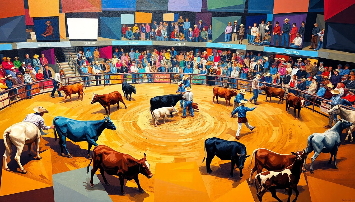A fragmented, geometric painting depicting the dynamic movements and energy of a steer wrestling event, with bold colors and overlapping shapes representing the sport's intensity.