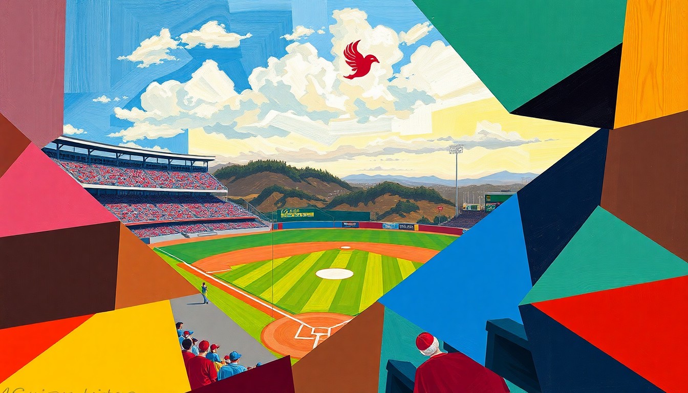 A cubist, fragmented painting depicting a college baseball game, with sharp overlapping geometric shapes in the team colors of the competing schools, conveying the dynamic energy of the sport.
