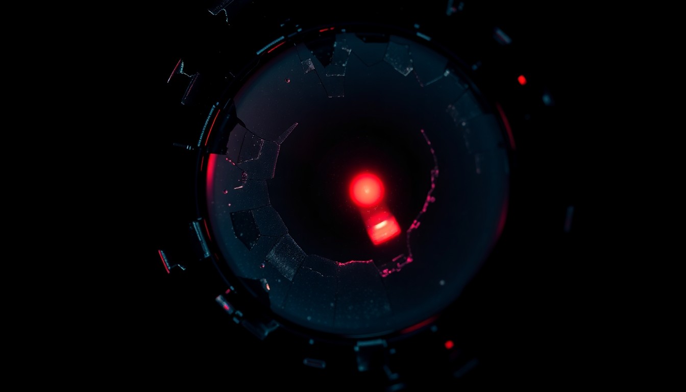 An extreme close-up of a shattered camera lens reflecting a faint red light, conveying a conceptual sense of the intersection between technology, mortality, and the ethical considerations surrounding the digital resurrection of a deceased performer.