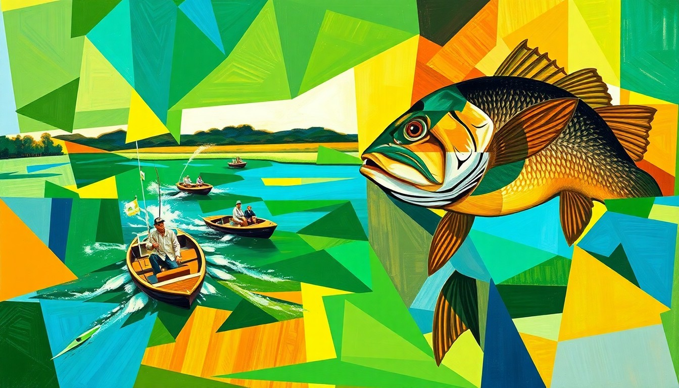 A fragmented, geometric painting depicting the dynamic movements and energy of a bass fishing tournament, with overlapping planes of green, blue, and brown representing the lake, boats, and fish.