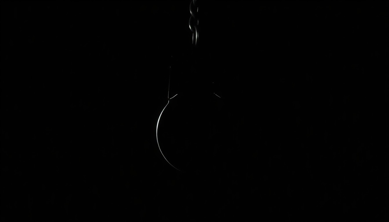 An extreme close-up photograph of a single handcuff, lit by a harsh, direct camera flash against a pitch-black background, conveying a stark, gritty, investigative aesthetic.