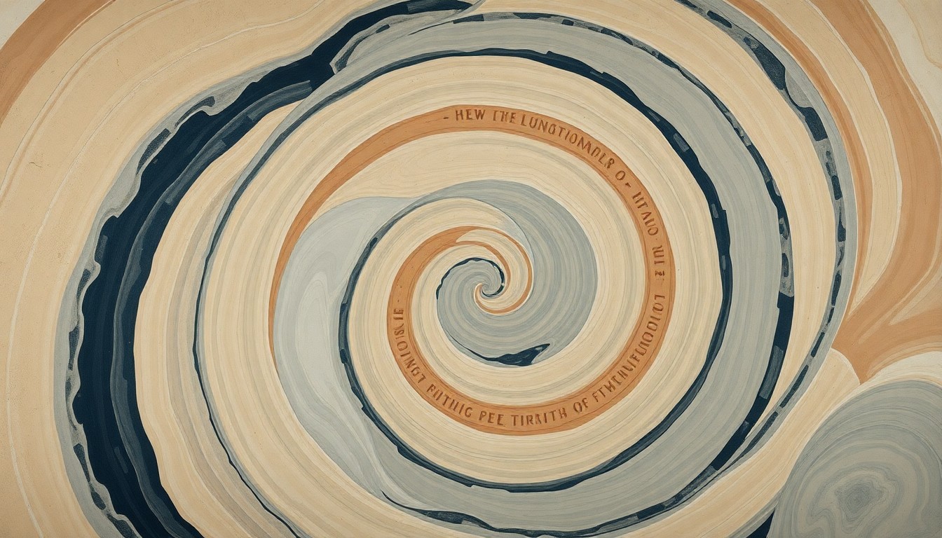 A highly structured abstract painting in soft, earthy tones featuring sweeping geometric arcs, concentric circular patterns, and precise botanical or physical spirals, conceptually representing the complex hydrological forces and unpredictable flood patterns that can overwhelm urban neighborhoods.