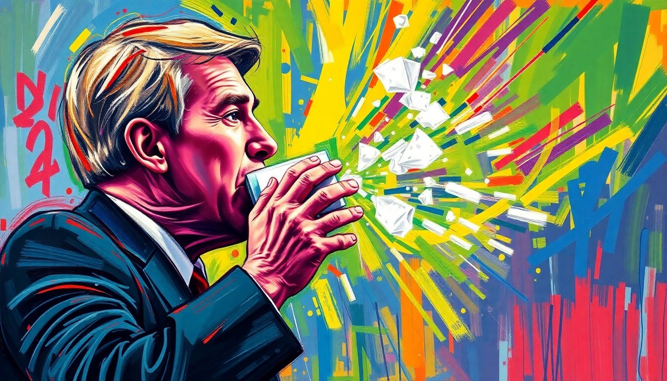 A dynamic, colorful painting with thick, energetic brushstrokes in neon shades of blue, green, and red, capturing the intense emotion and physicality of an NBA coach inhaling smelling salts to get pumped up for a crucial game.