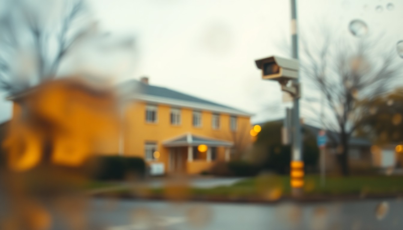 An extremely abstracted, out-of-focus photograph of a blurred street scene with a school building in the background and a speed camera pole in the foreground, all in soft pools of warm yellow, orange, and blue light, conceptually illustrating the debate over traffic enforcement near a high school.