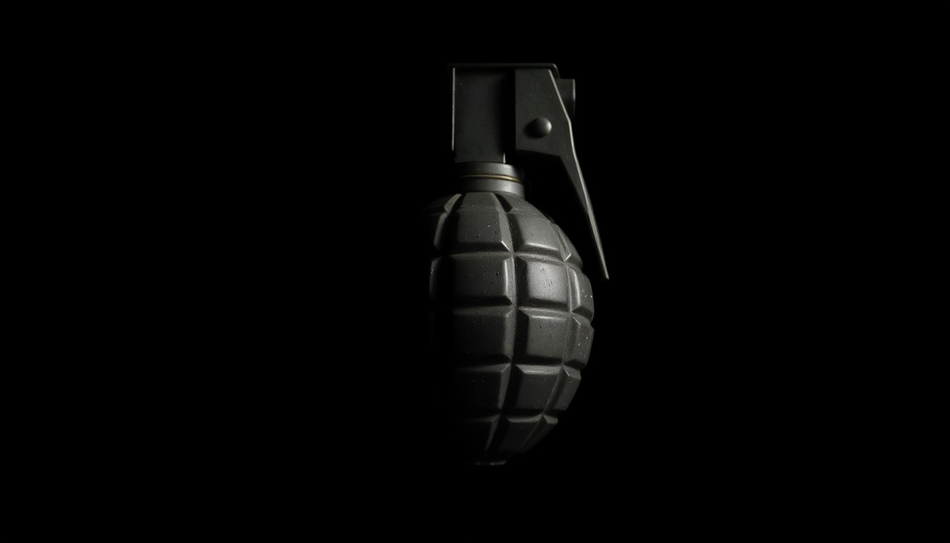 An extreme close-up photograph of a WWII-era grenade, its metallic surface and intricate details sharply illuminated against a pitch-black background, conveying a sense of danger and the need for careful investigation.
