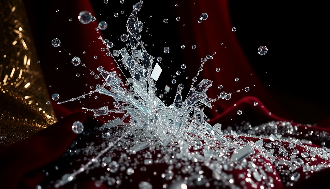 An extreme, abstract close-up photograph of shattered glass, glittering sequins, and plush velvet textures, captured in dramatic high-contrast studio lighting to create a conceptual illustration of the glamour and drama surrounding a celebrity divorce.