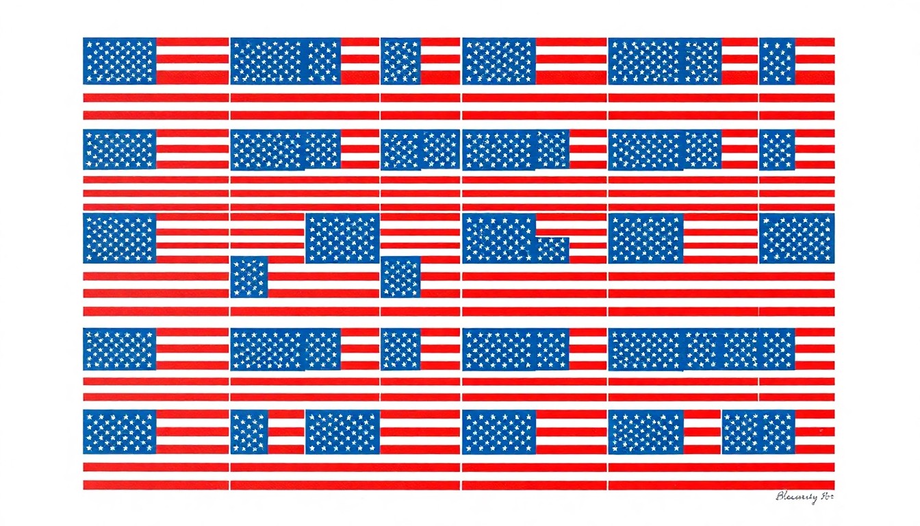 A highly stylized, abstract silkscreen print featuring the iconic American flag repeated in a grid, with the stripes and stars rendered in bold, flat shapes of red, white, and blue, capturing the celebratory and patriotic spirit of the new community projects in Star.