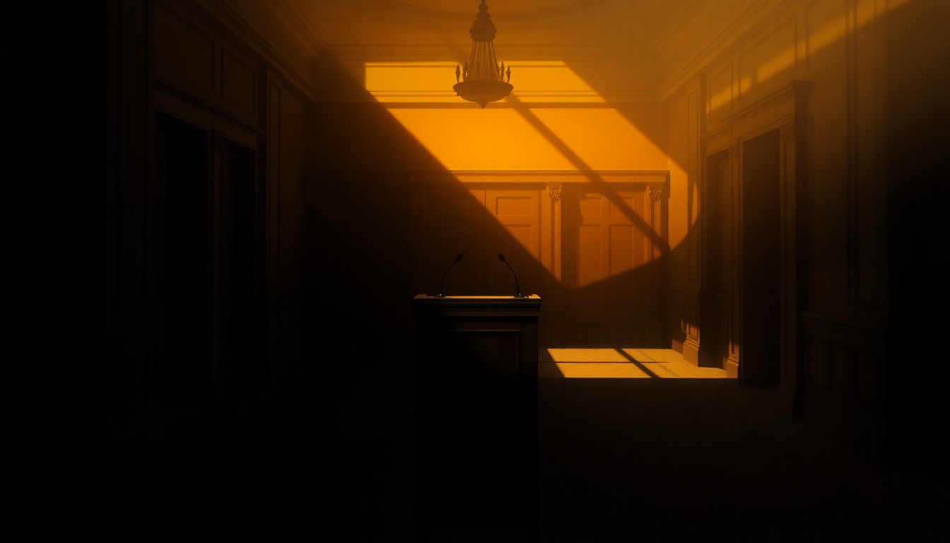 A quiet, cinematic painting of a solitary city council podium in a shadowy government building hallway, with warm, diagonal sunlight and deep shadows, conceptually representing the disconnect between Fargo's City Hall and its residents.