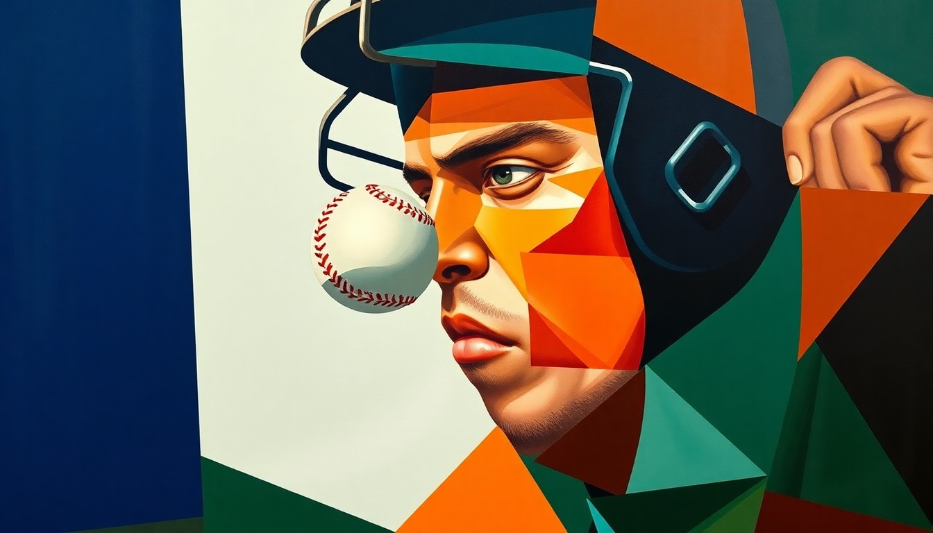 A cubist-style painting depicting a baseball catcher being struck in the face by a foul ball, with the impact broken down into sharp, overlapping geometric shapes in a palette of navy, green, and orange.