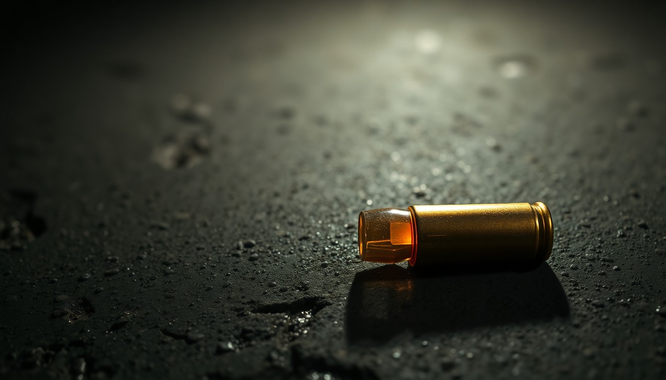 An extreme close-up photograph of a single spent bullet casing on a dark concrete surface, lit by a harsh, direct camera flash, conceptually representing the violence and investigation surrounding the deadly attacks.